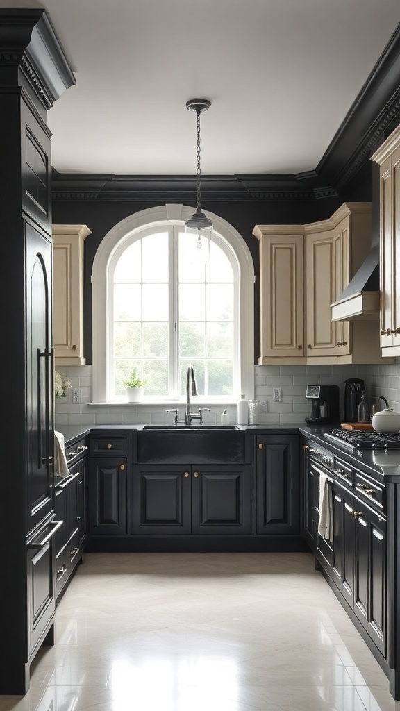 A lot stylish black kitchen featuring ivory cabinetry and natural light from a window.