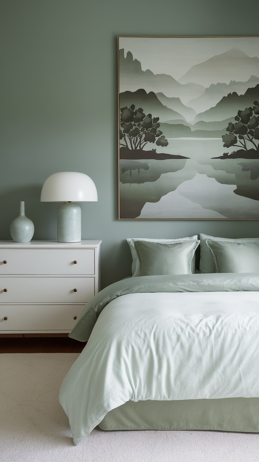 A serene bedroom featuring jade green walls, soft green bedding, and a tranquil landscape painting.