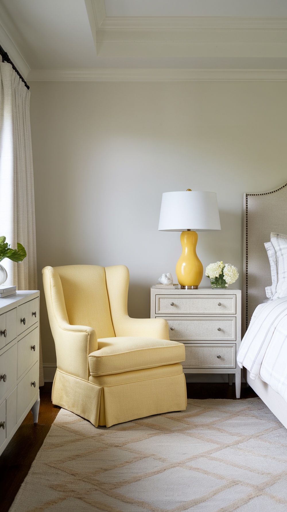 A cozy bedroom featuring lemon yellow accent furniture, including a chair and lamp, against neutral tones.