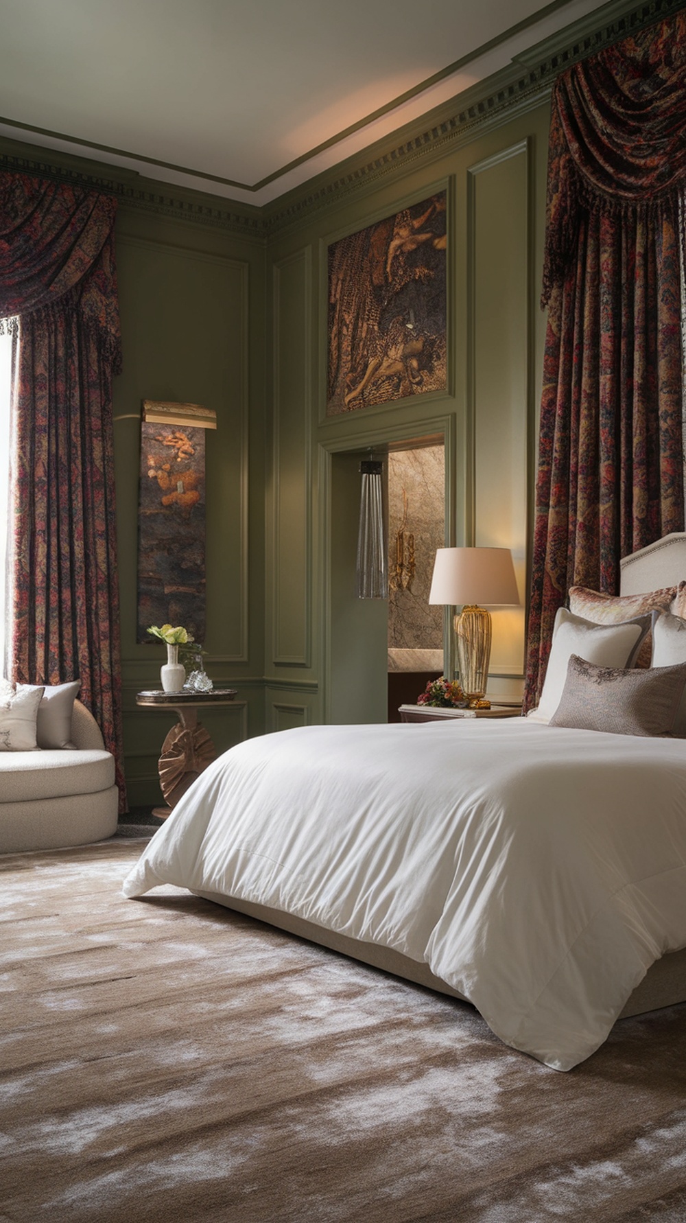 A luxurious dark green bedroom featuring elegant curtains, plush bedding, and a cozy seating area.