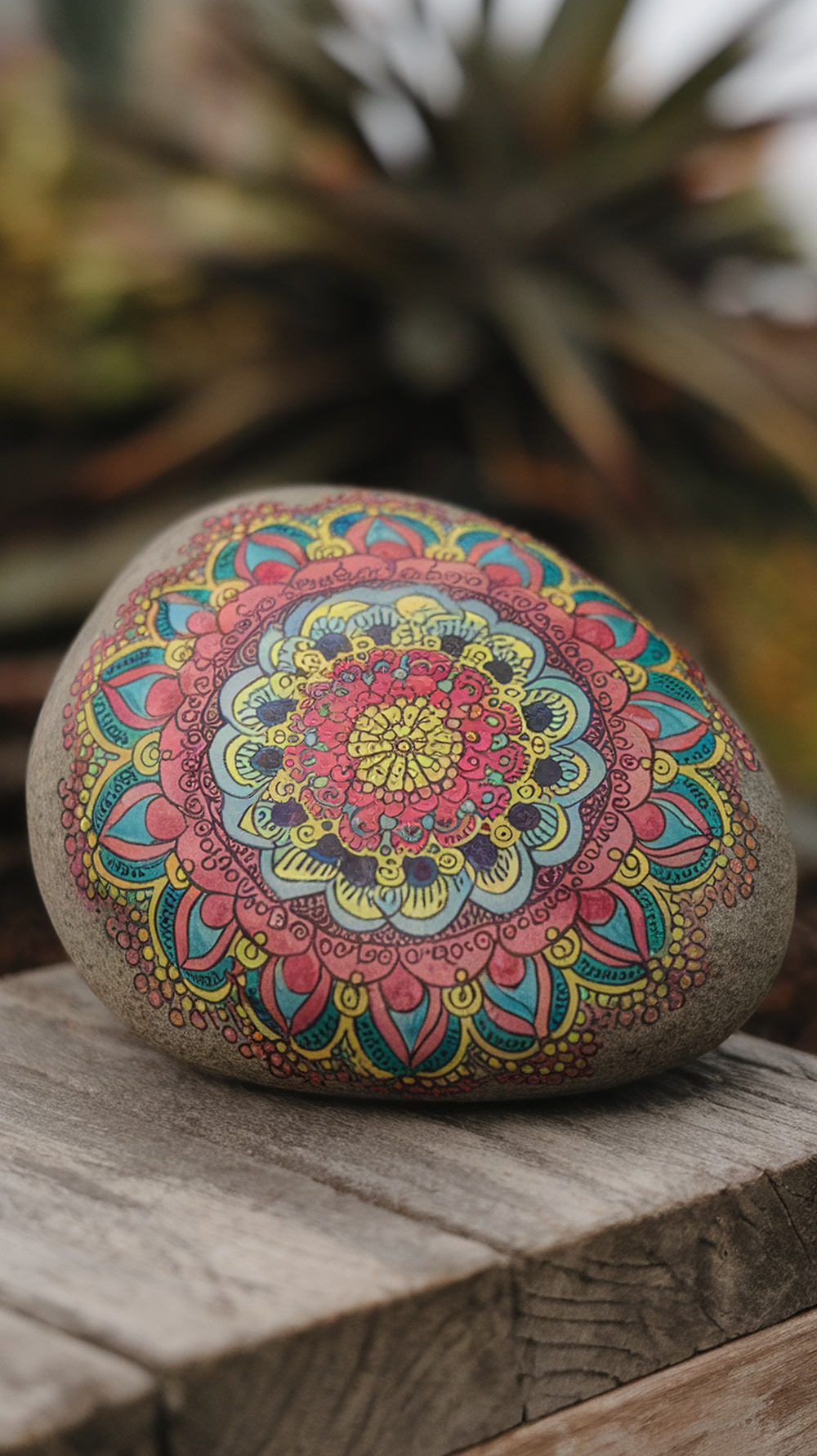 A painted rock with a colorful mandala pattern on a wooden surface.