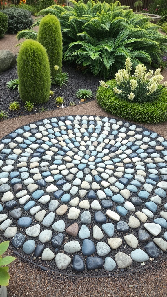 A pebble mosaic featuring a spiral pattern made of various colored stones, surrounded by lush greenery.