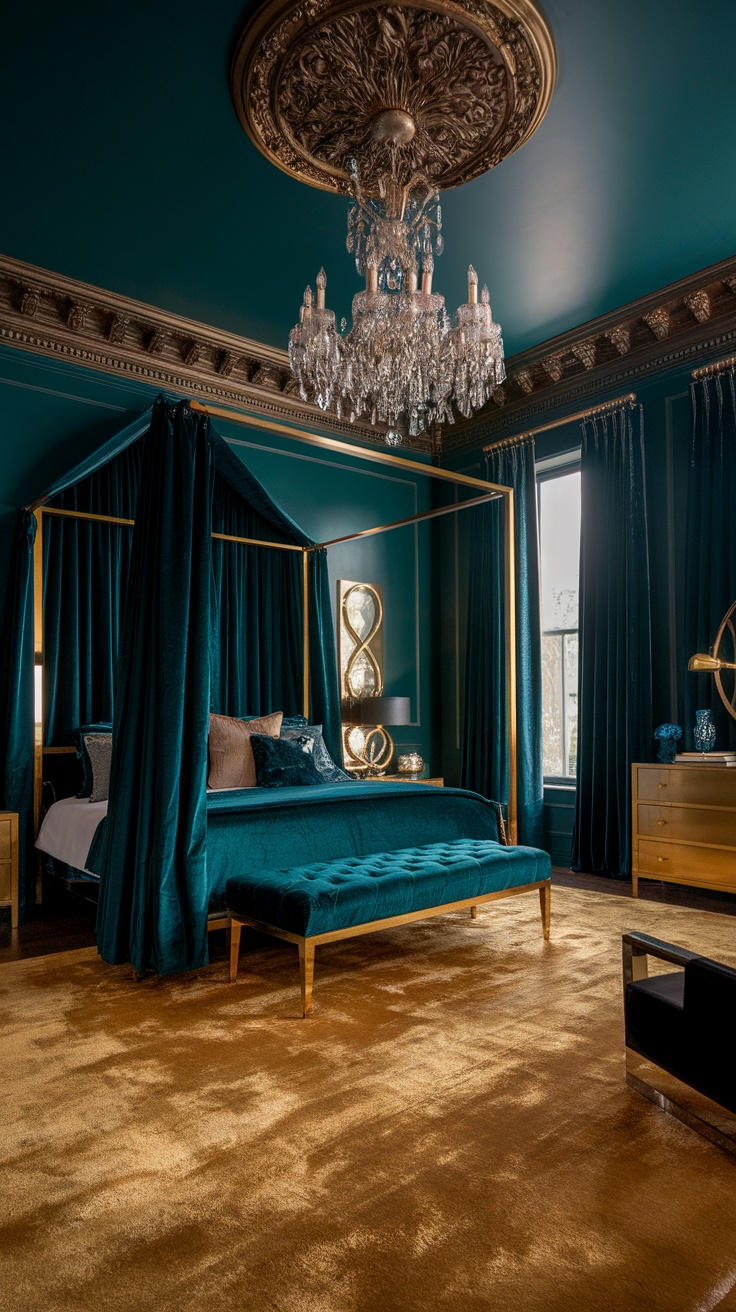A luxurious dark green bedroom featuring velvet curtains, a plush bed, and a sparkling chandelier.