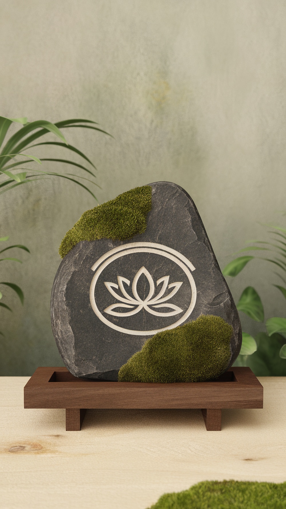 A rock with a lotus design and moss, symbolizing mindfulness and Zen.