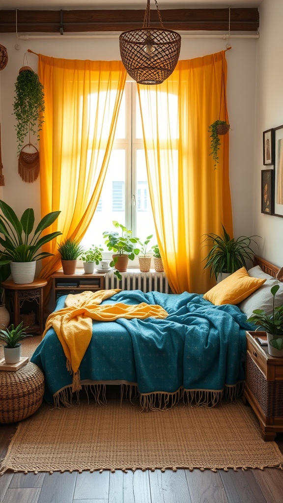 A cozy bedroom with blue and yellow decor, featuring plants and natural textures.