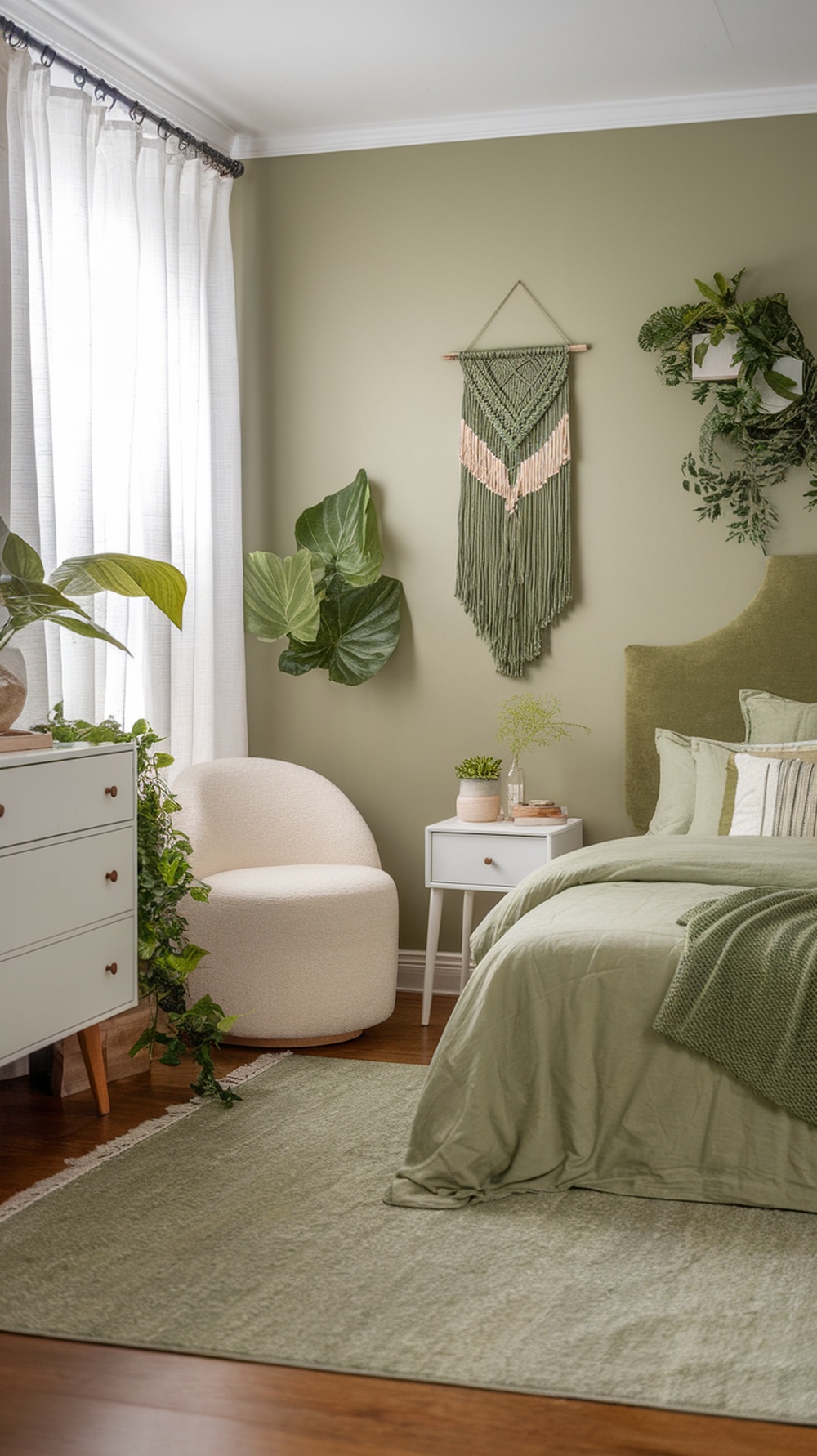 A cozy green bedroom featuring soft green walls, layered bedding, and plants.