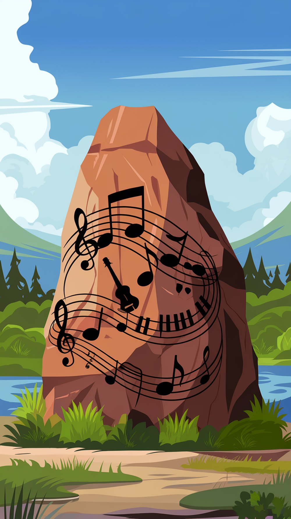 A rock painted with musical notes and a guitar, surrounded by nature.