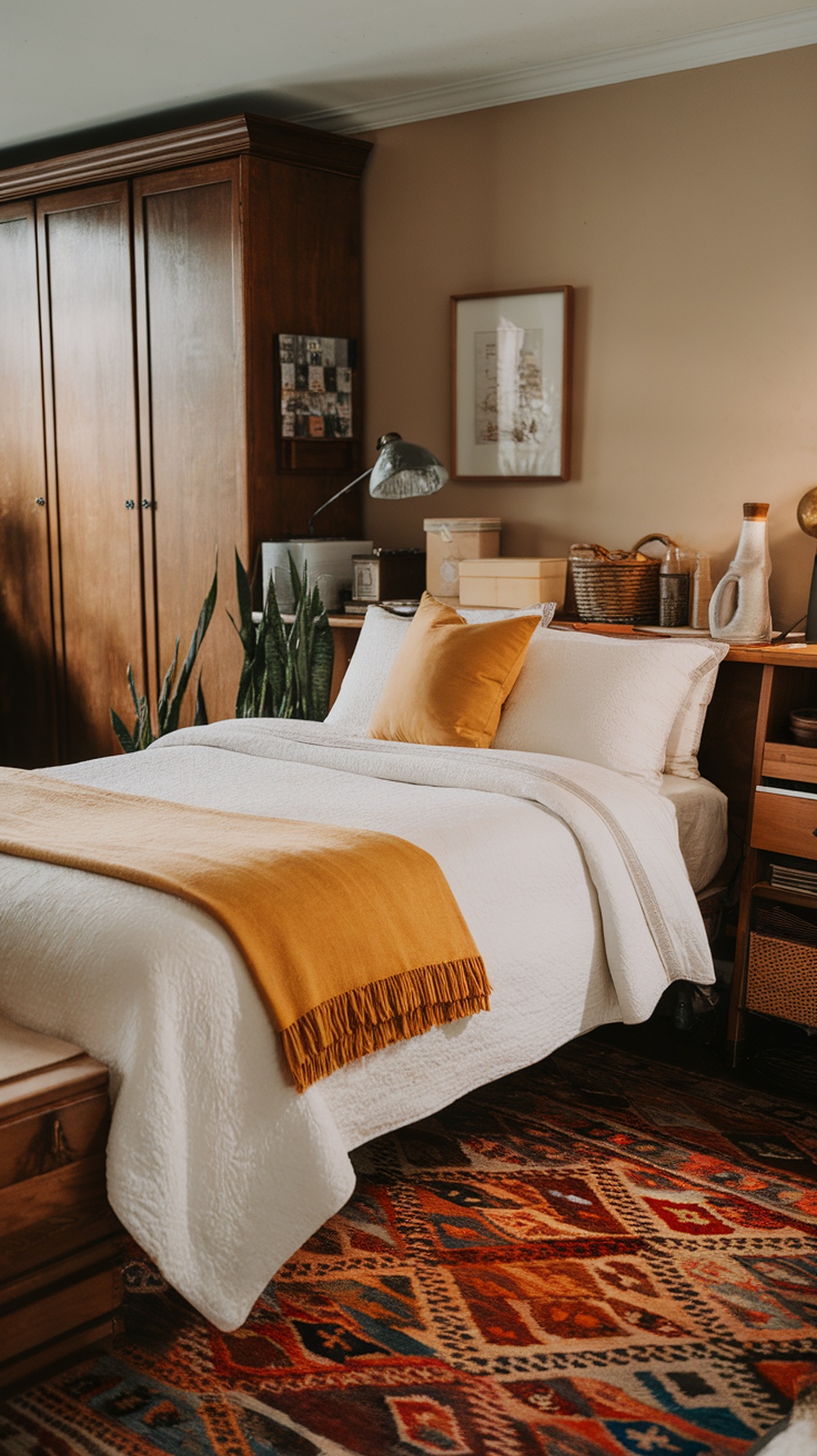 A cozy bedroom featuring a white bed with mustard yellow throw pillows, a patterned rug, and warm wooden furniture.