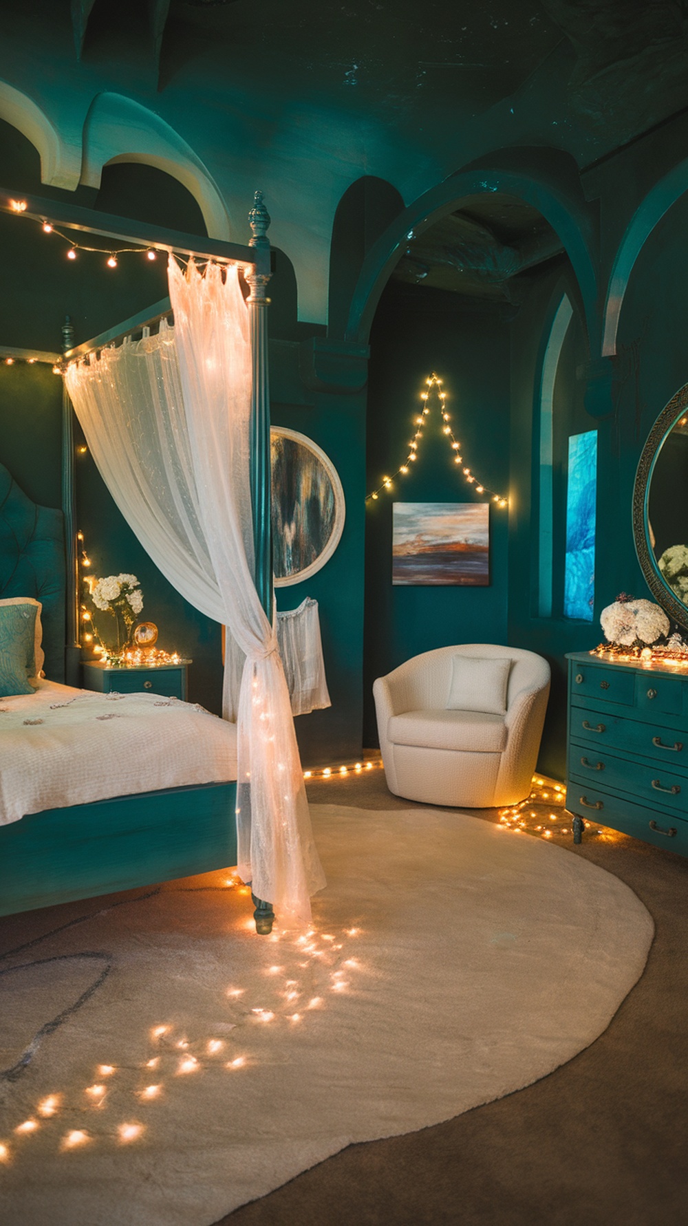 A dark green bedroom featuring a four-poster bed, fairy lights, and cozy decor.