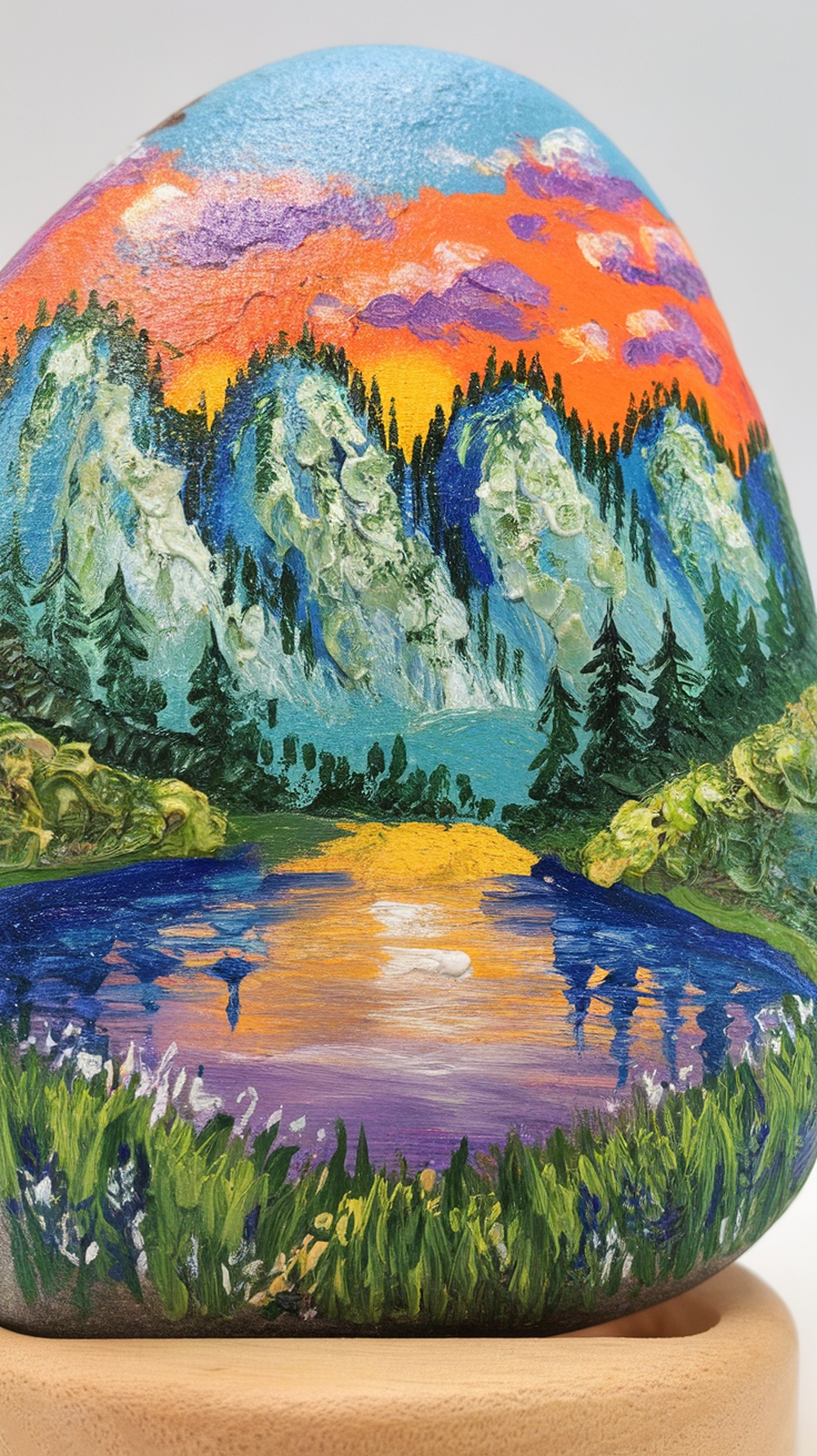 A painted rock depicting a serene landscape with mountains, a lake, and a colorful sunset.