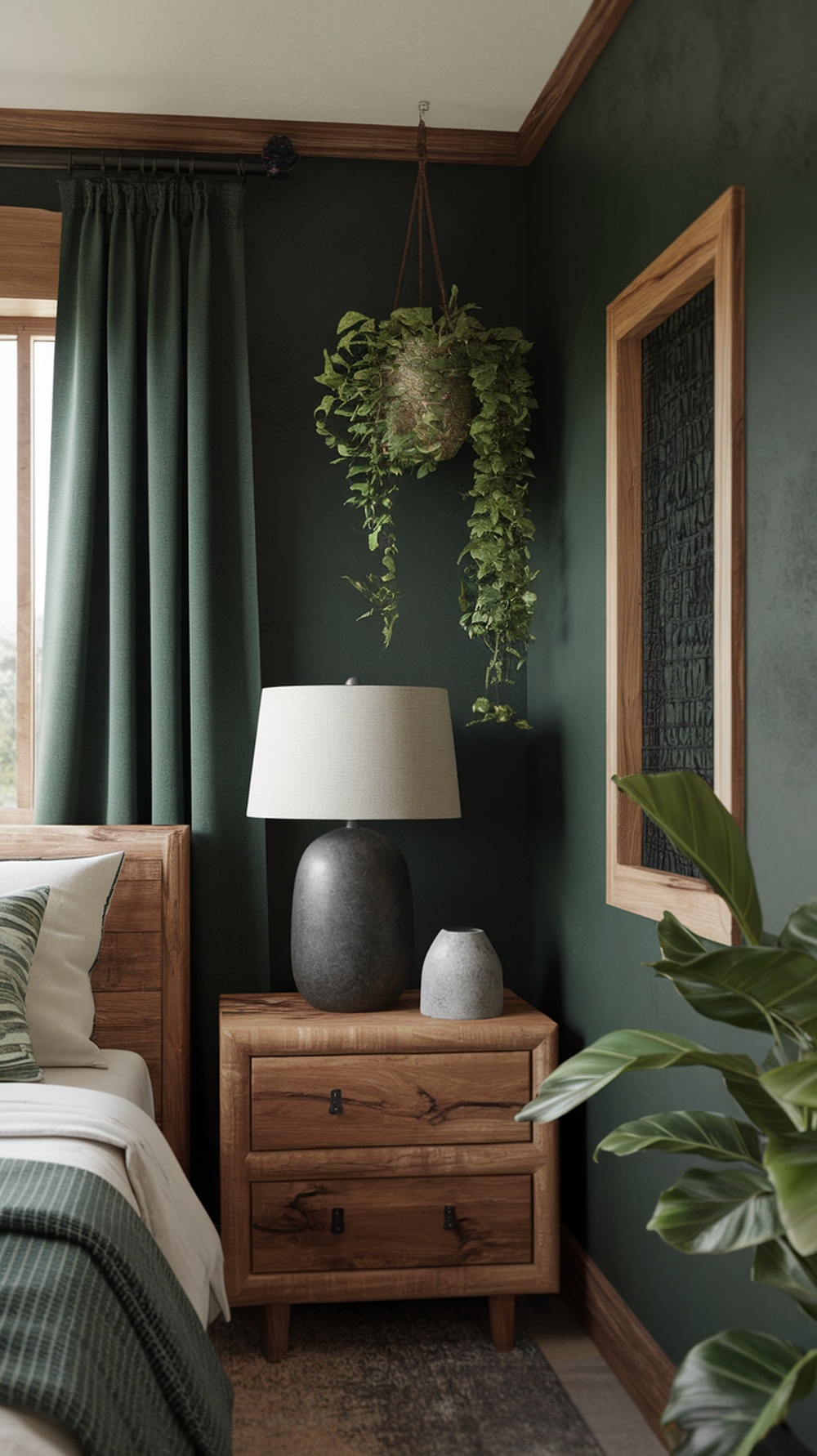 A cozy bedroom featuring deep green walls, wooden furniture, and plants, creating a nature-inspired retreat.