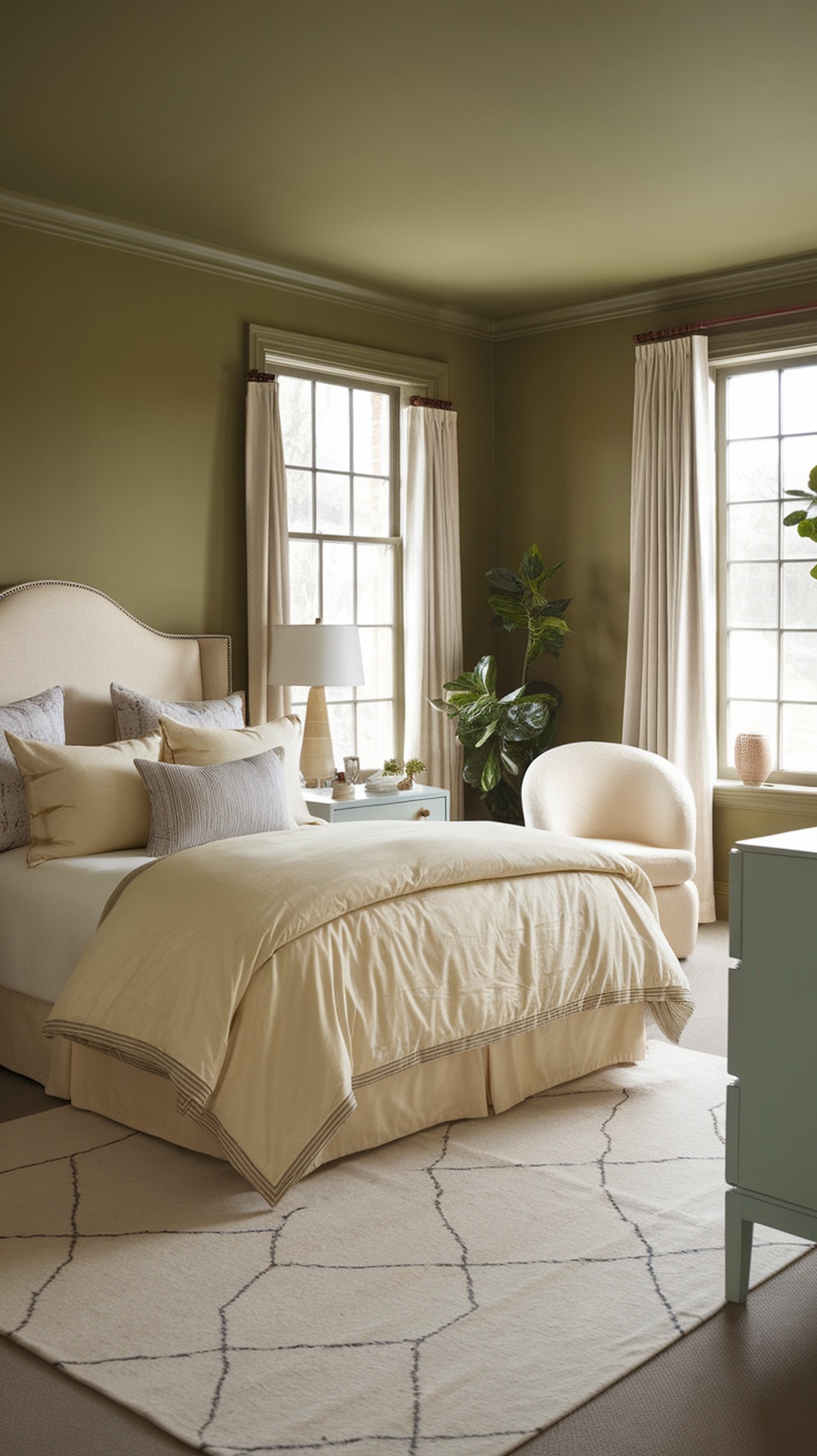 A cozy bedroom featuring olive green walls and cream bedding, with natural light coming through the windows.