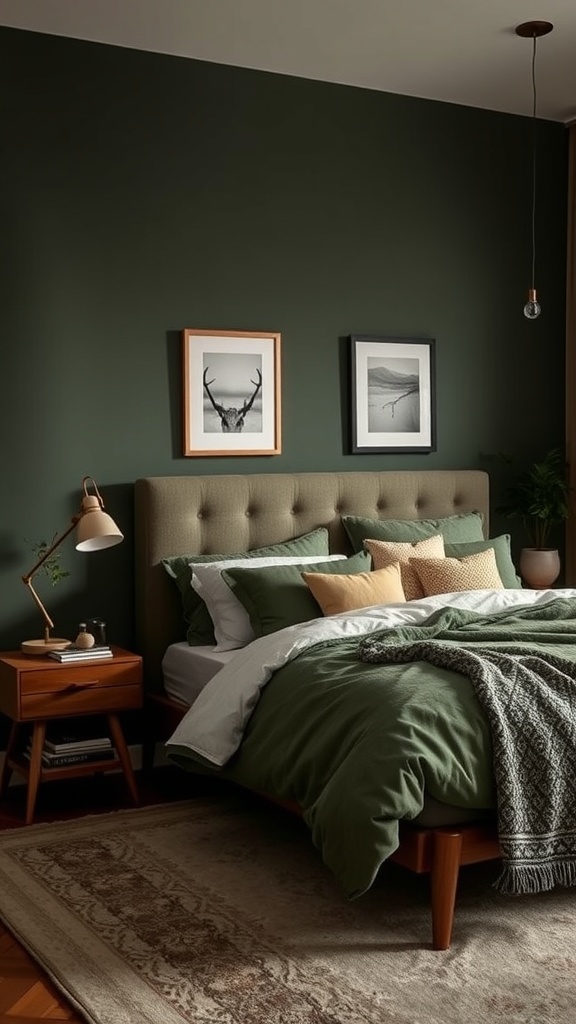 A cozy olive green bedroom with a stylish bed, textured pillows, and framed artwork.