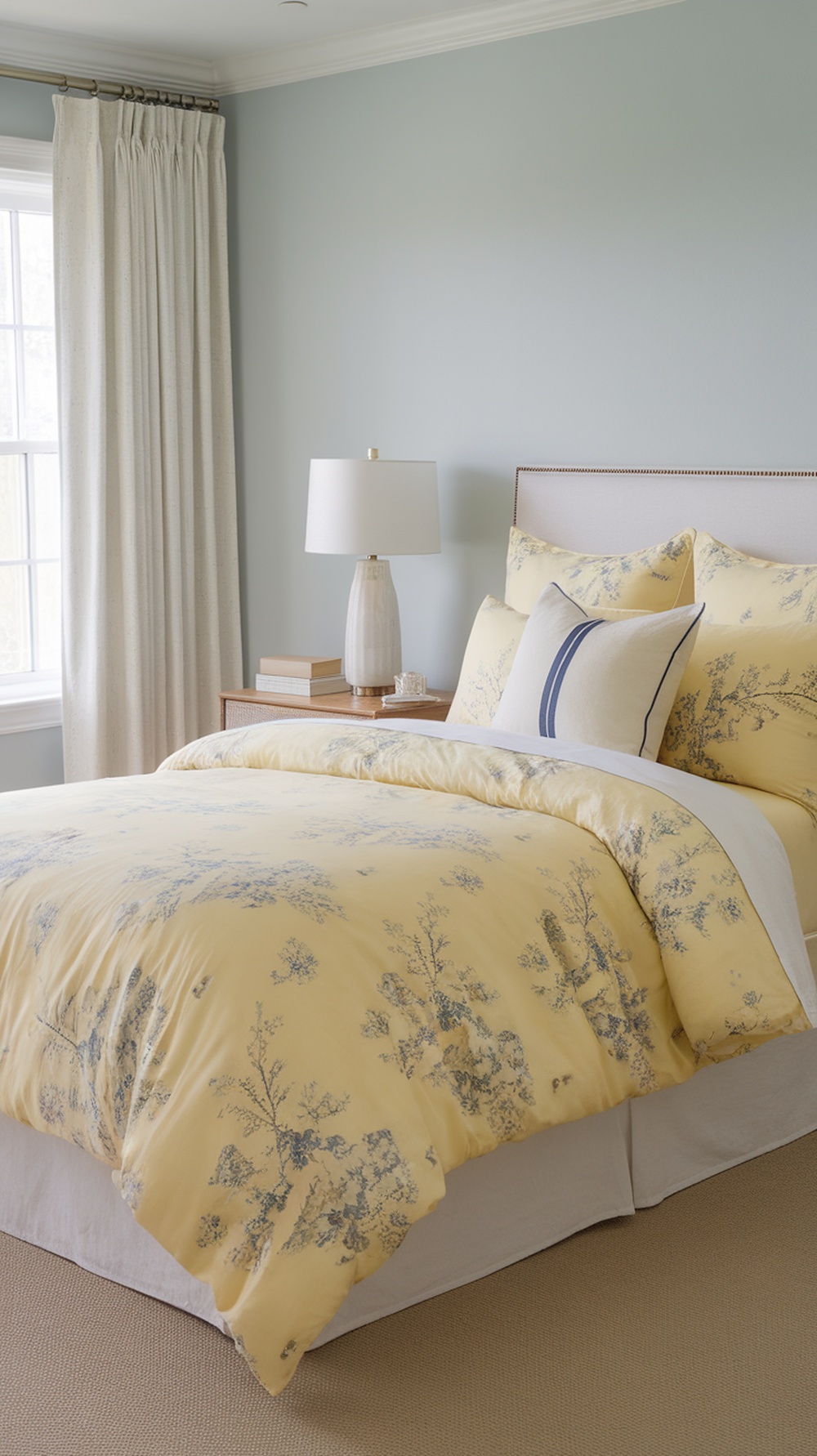A cozy bedroom featuring pastel yellow bedding with floral patterns, light blue walls, and a bedside lamp.
