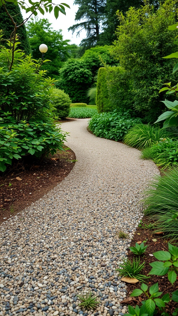 A winding gravel and pebble path surrounded by lush green plants in a garden.