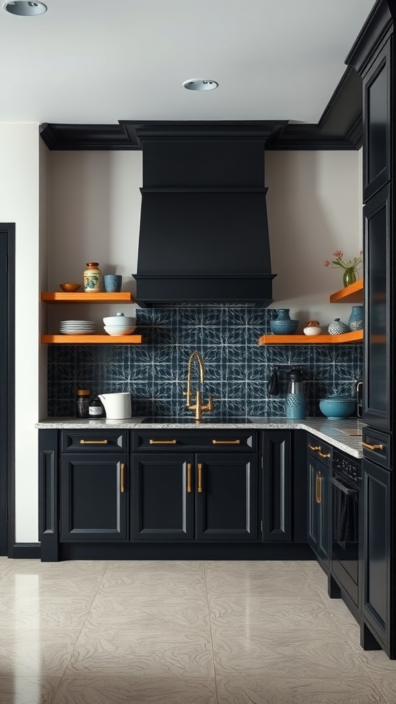 A modern black kitchen with peacock blue accents and stylish decor.