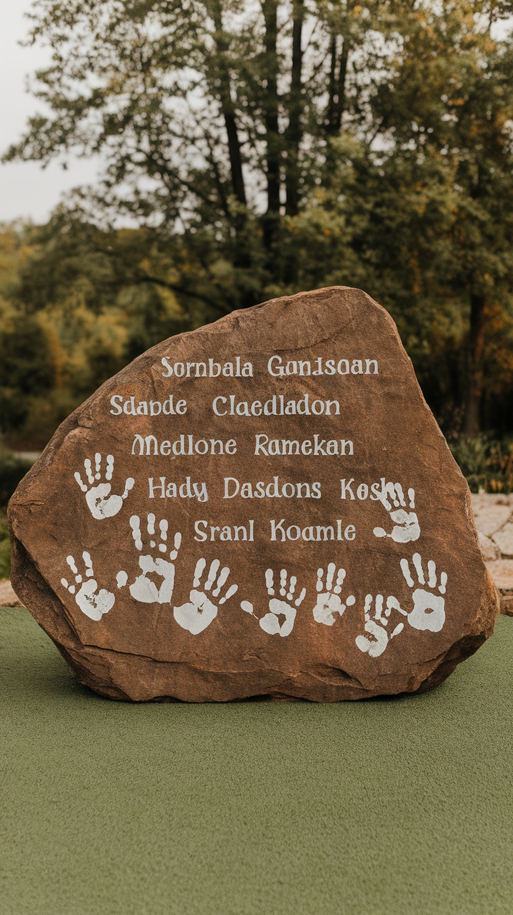 A personalized rock with handprints and names painted on it, surrounded by greenery.