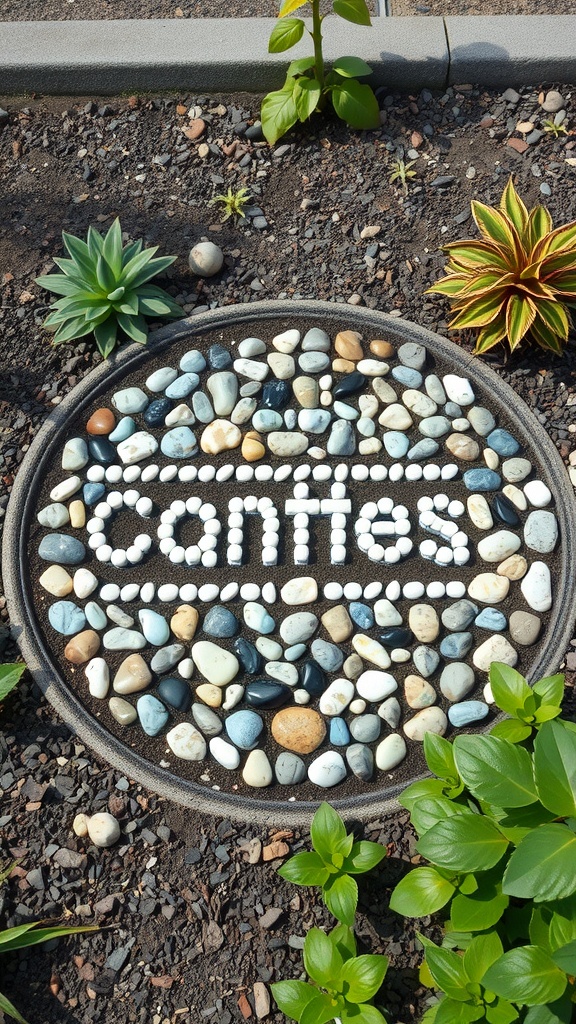 Pebble mosaic with the name 'Confes' surrounded by plants in a garden.