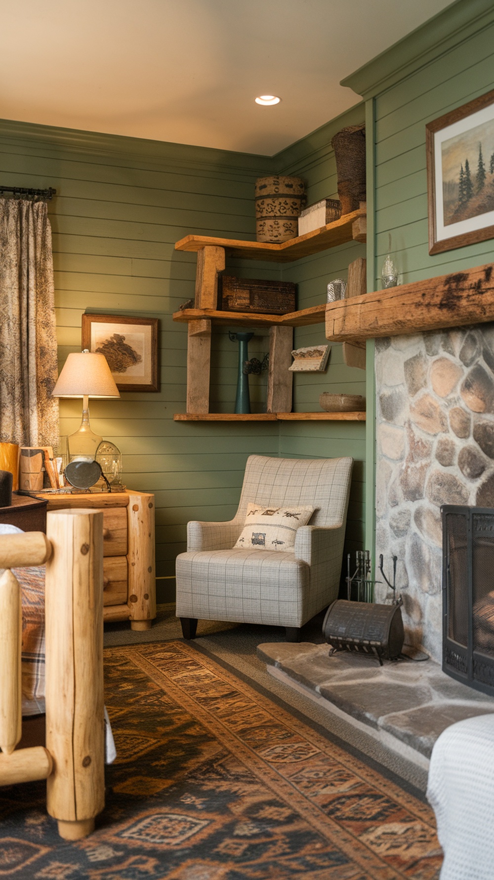 A cozy dark green bedroom with wooden accents, featuring a comfortable armchair, rustic shelves, and a warm rug.