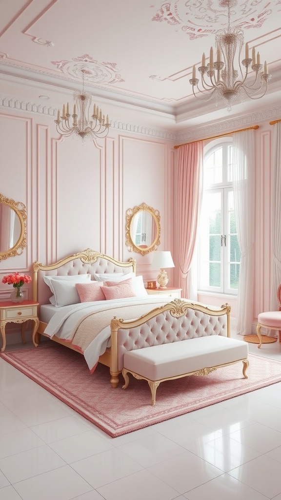 Elegant pink and white bedroom with tufted bed, mirrors, and chandeliers.