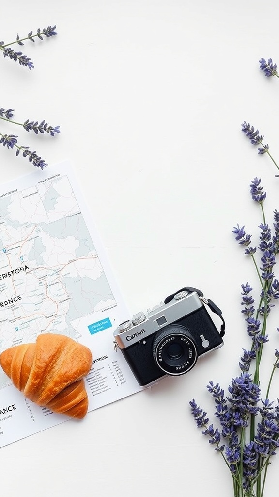 A map of France with a camera and a croissant on a white surface, surrounded by lavender.