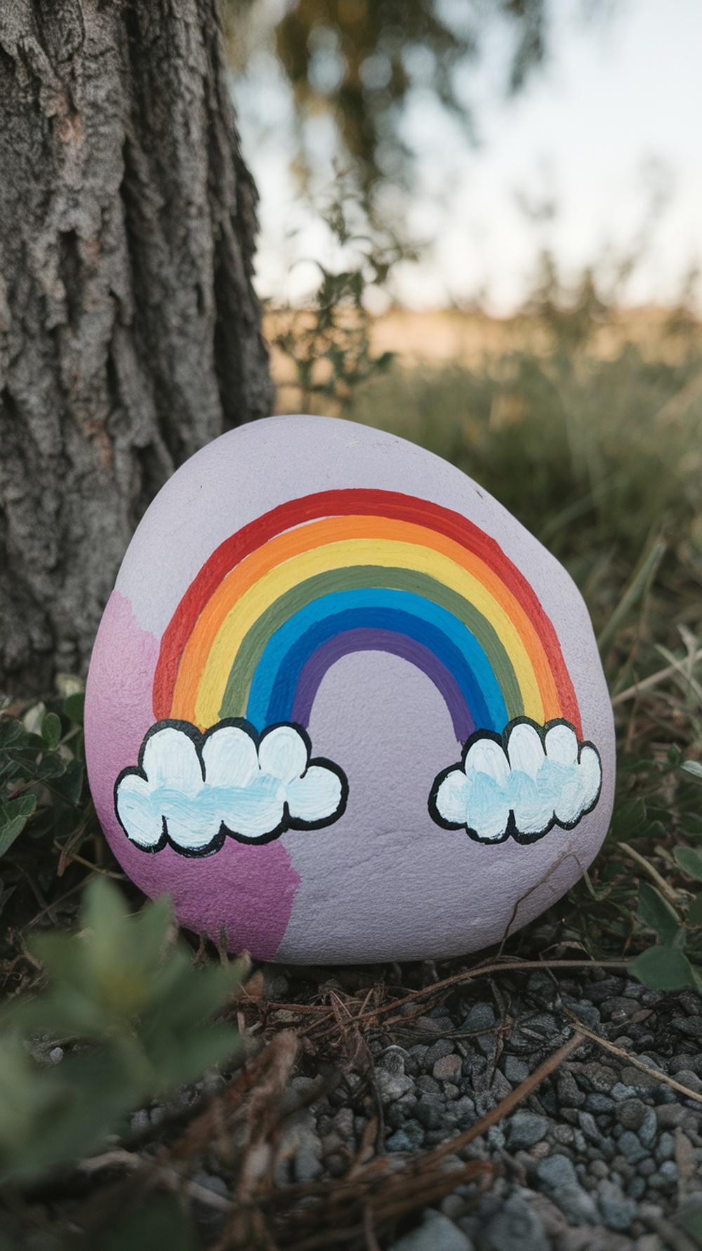 A painted rock featuring a rainbow and clouds, placed on the ground near a tree.