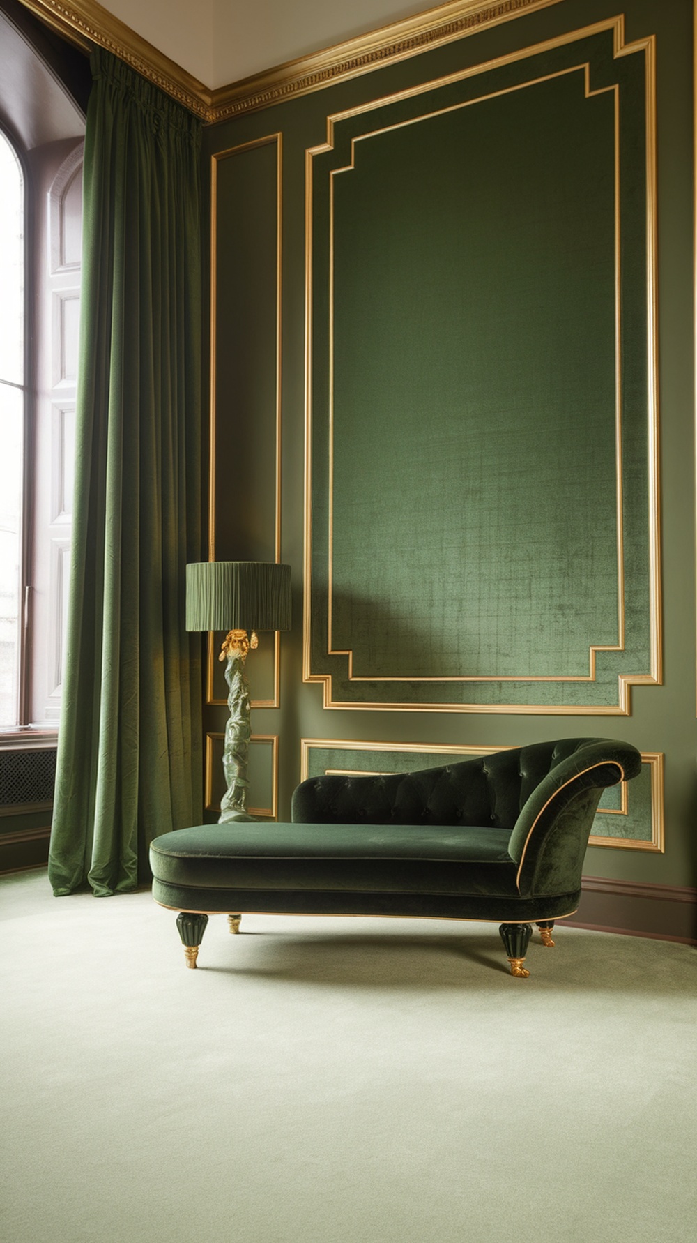 A luxurious bedroom featuring rich green walls, a plush green chaise lounge, and gold accents.