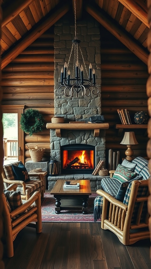 A rustic cabin living room featuring log walls, a stone fireplace, cozy seating, and warm lighting.
