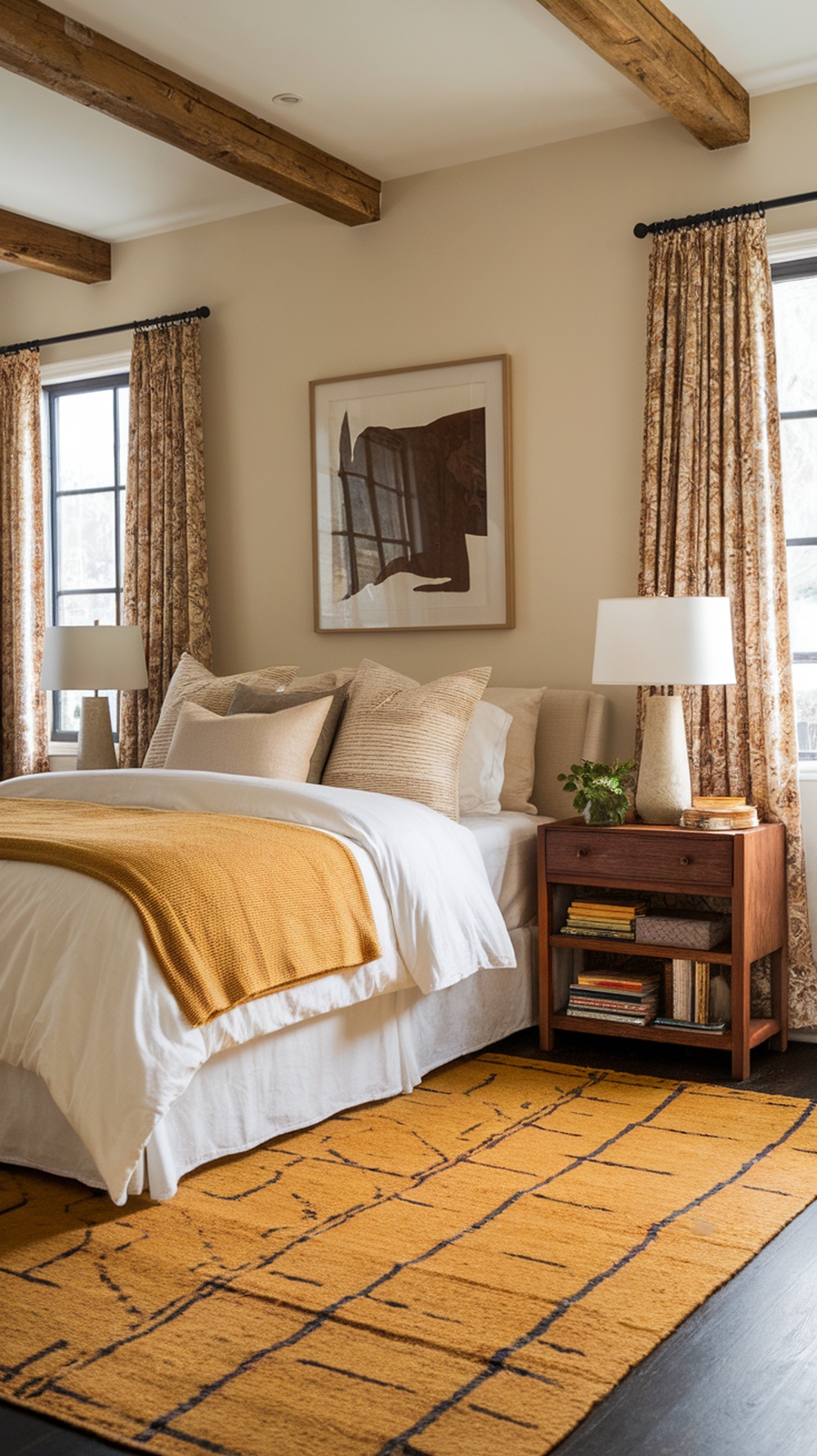 A cozy bedroom featuring a saffron yellow area rug, neutral bedding, and wooden accents.