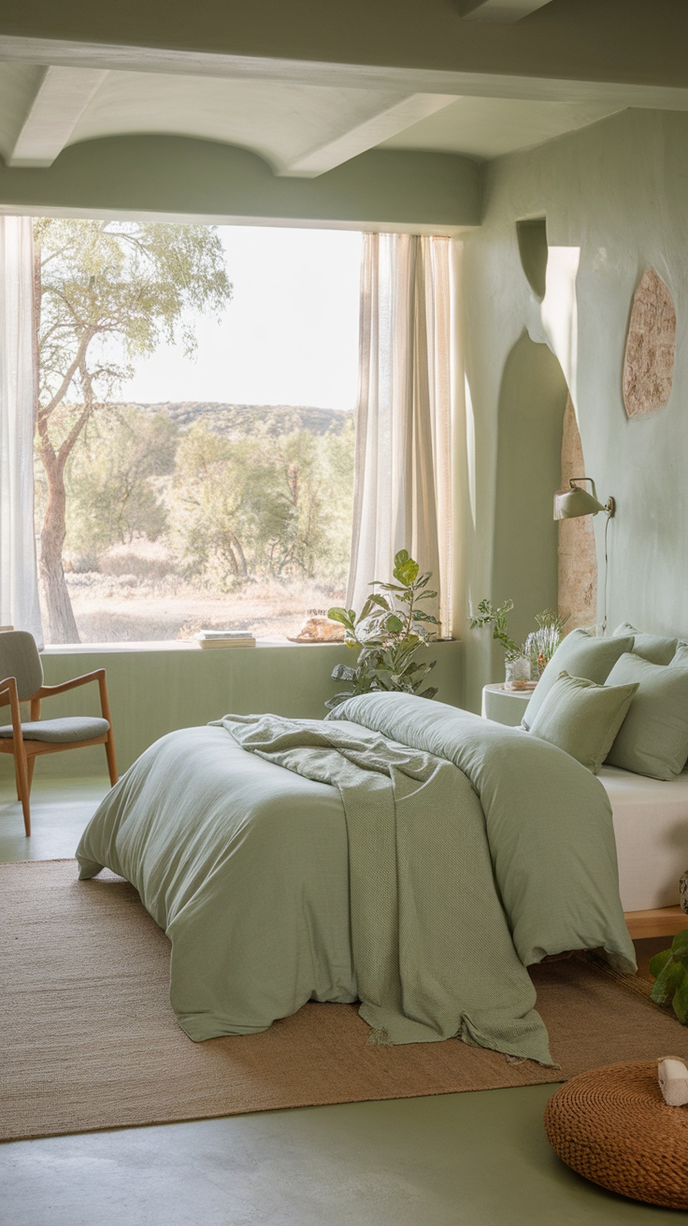 A serene bedroom featuring sage green walls, a large window with natural light, and cozy decor.