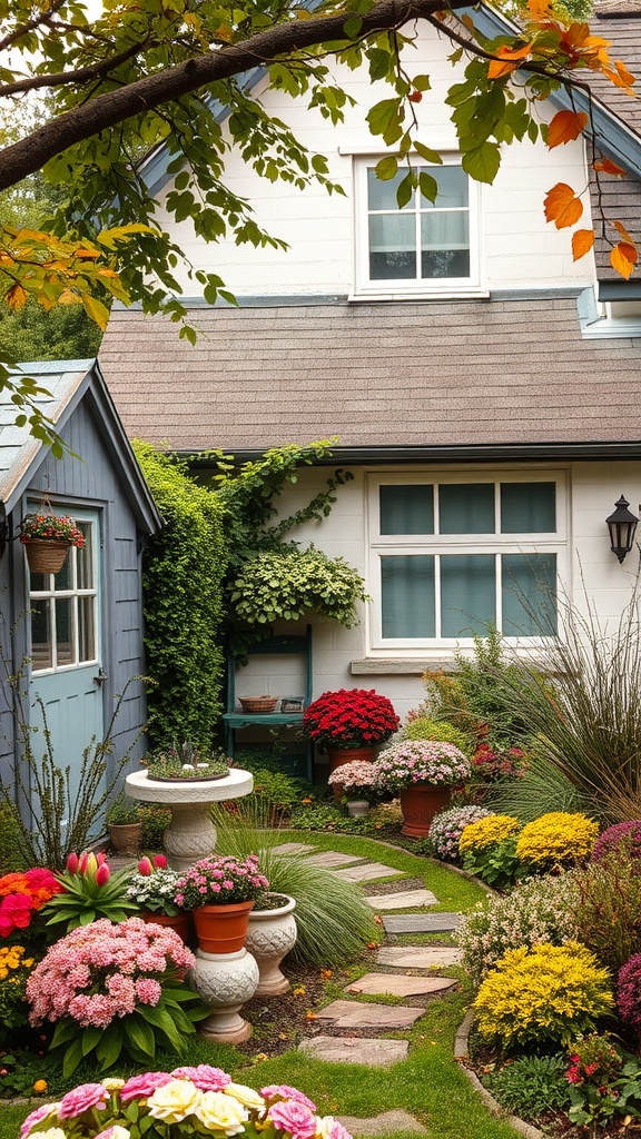 A charming English cottage garden with a stone pathway, colorful flowers in pots, and a birdbath.