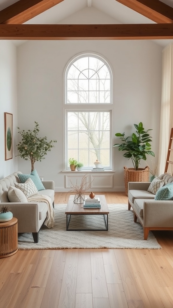 A bright and cozy living room featuring two sofas, a coffee table, and plants, with large windows allowing natural light.