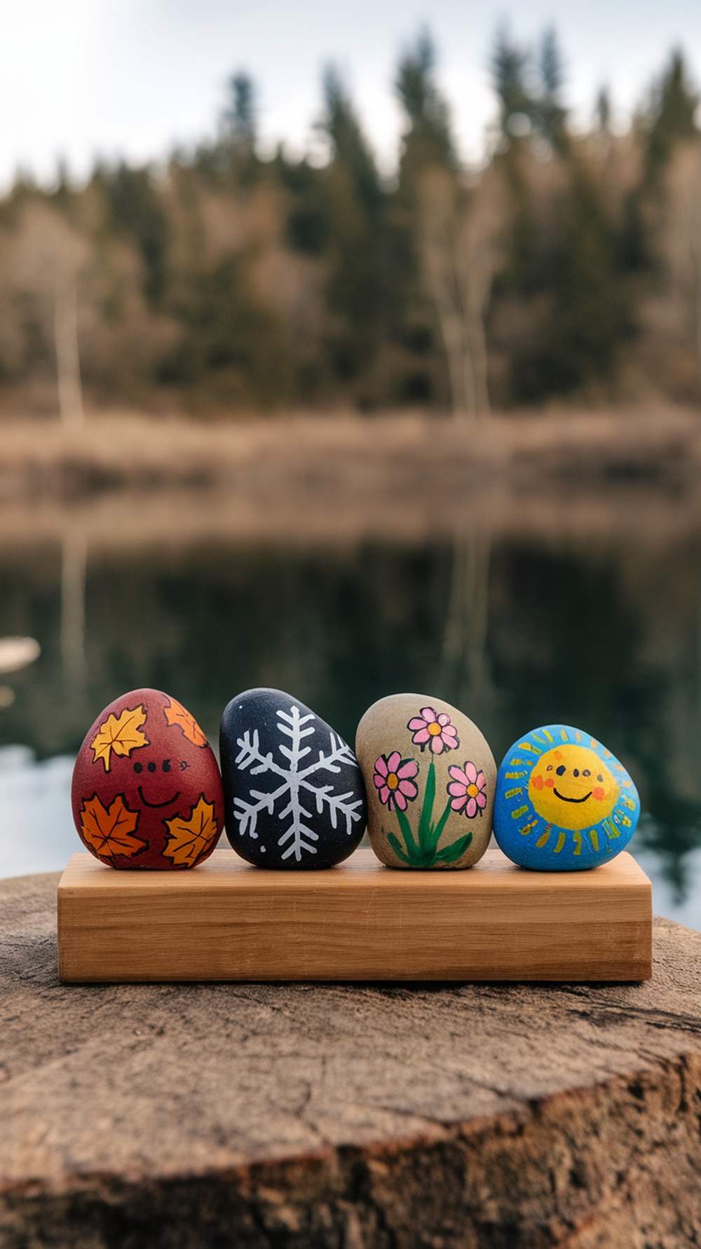 Four painted rocks representing different seasons: autumn leaves, snowflake, spring flowers, and a sunny summer design.