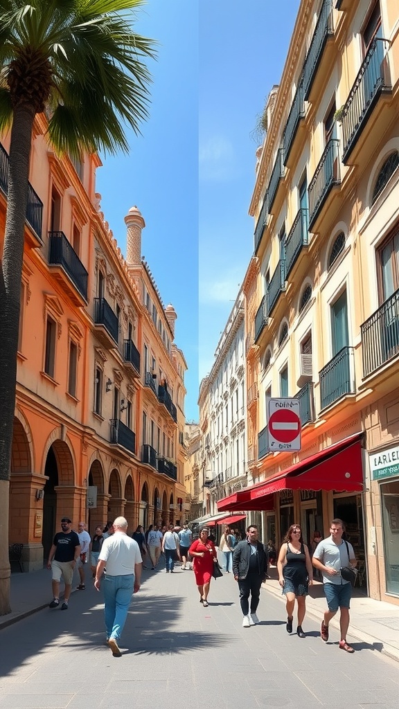A vibrant street scene in a Spanish city with people walking and colorful buildings.