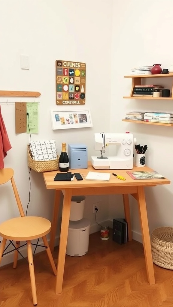 A cozy sewing corner with a sewing machine, a wooden desk, and organized supplies.