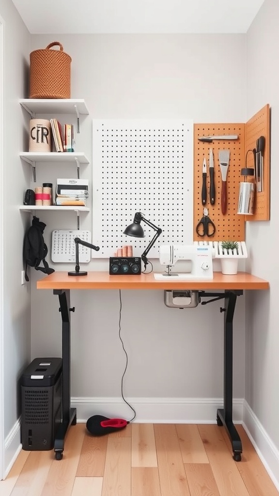 A small sewing workspace featuring a table with a sewing machine, pegboards for tools, and shelves for storage.