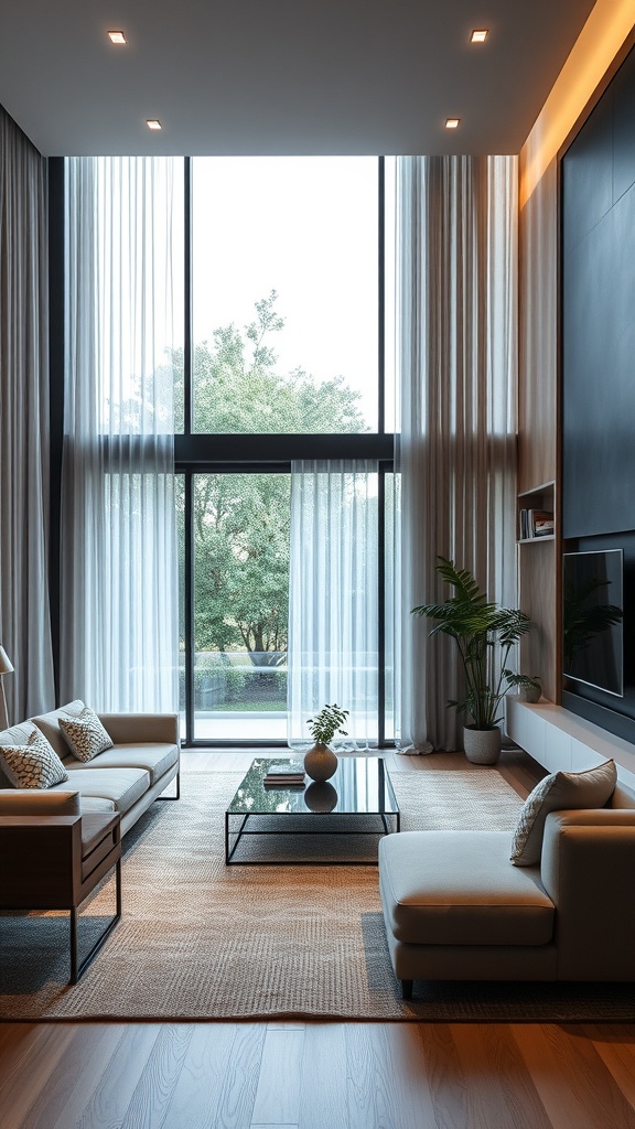 A modern living room with large windows, minimal furniture, and a stylish coffee table, showcasing smart tech integration.