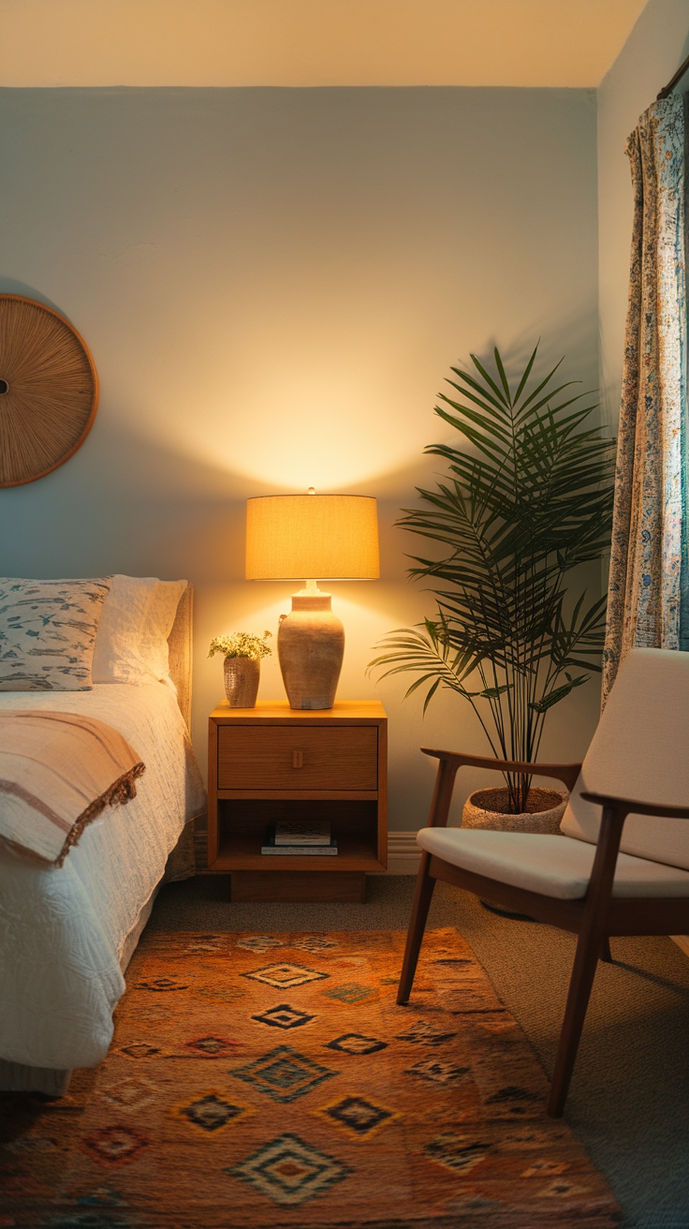 A cozy bedroom with soft yellow lighting from a lamp, featuring a bedside table, a plant, and decorative elements.