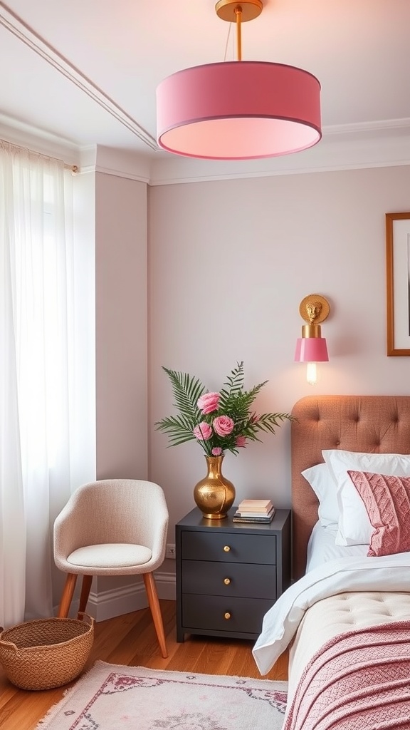 A stylish pink pendant light hanging in a sophisticated pink bedroom with elegant decor.