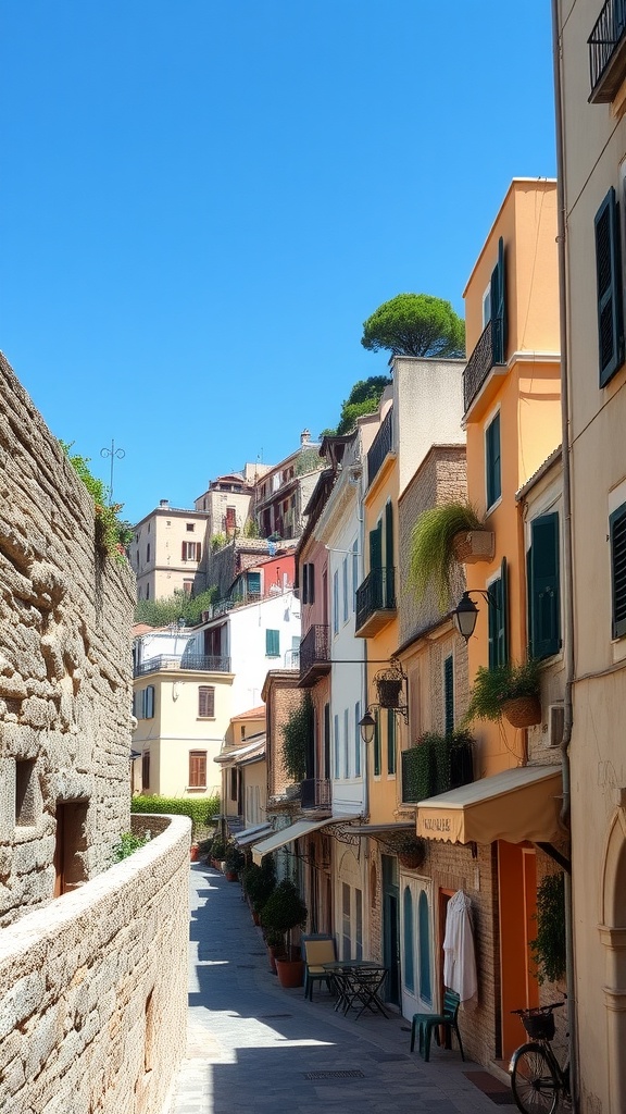 A charming street in Southern Italy with colorful buildings and a clear blue sky
