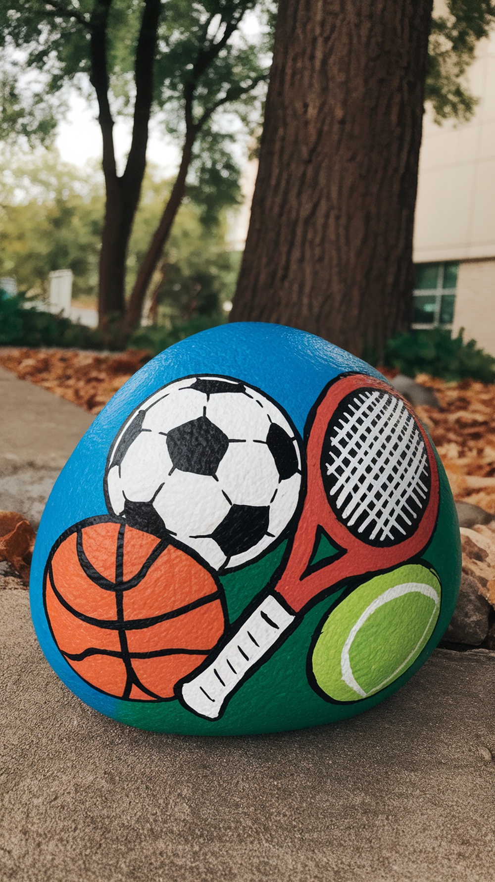A painted rock featuring a soccer ball, basketball, tennis racket, and tennis ball on a blue background.