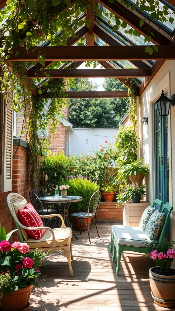 A sunlit seating area with a blue bench, wrought iron table, and vibrant flowers.
