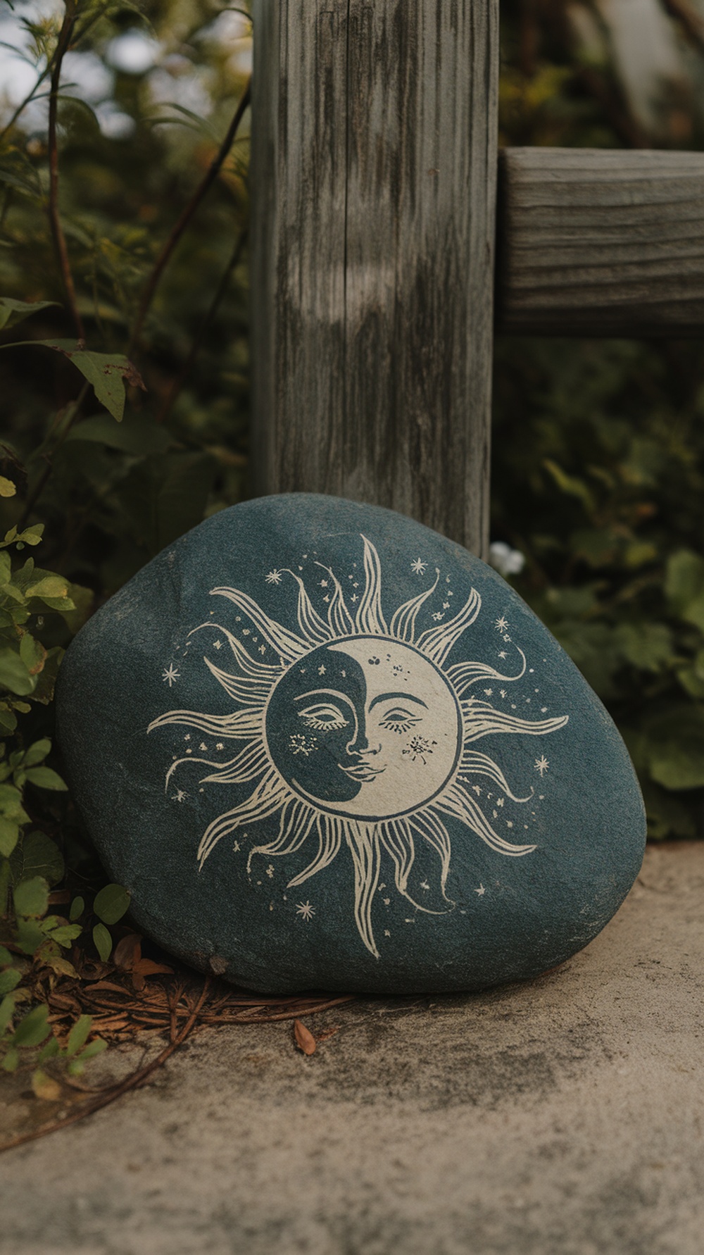 A painted rock featuring a sun and moon design, surrounded by greenery.