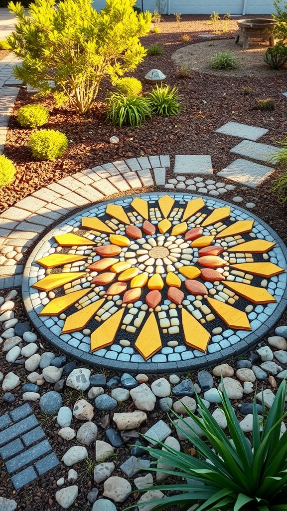 A vibrant sunburst mosaic design made of colorful stones and tiles, surrounded by pebbles in a garden setting.