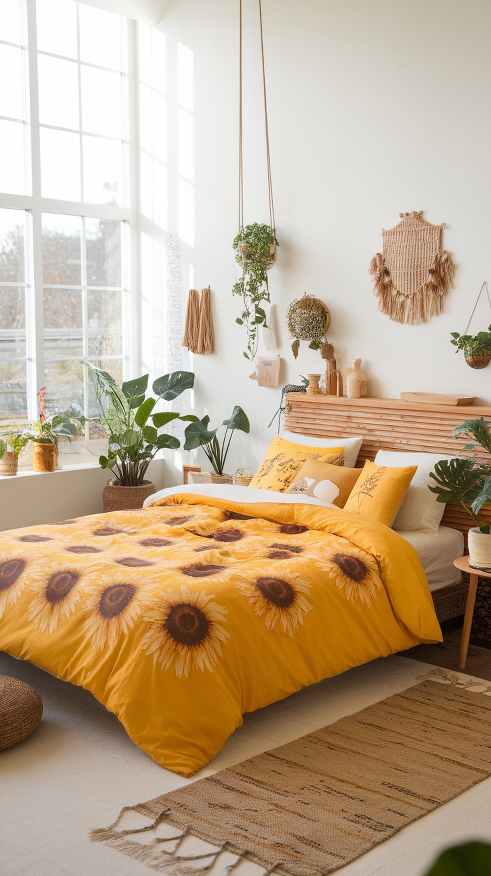 A bright sunflower yellow bedspread on a bed with large sunflower prints, surrounded by plants and natural decor.