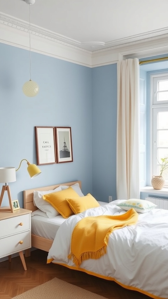 A bright and inviting Scandinavian-style bedroom featuring blue walls, yellow accents, and minimalist furniture.