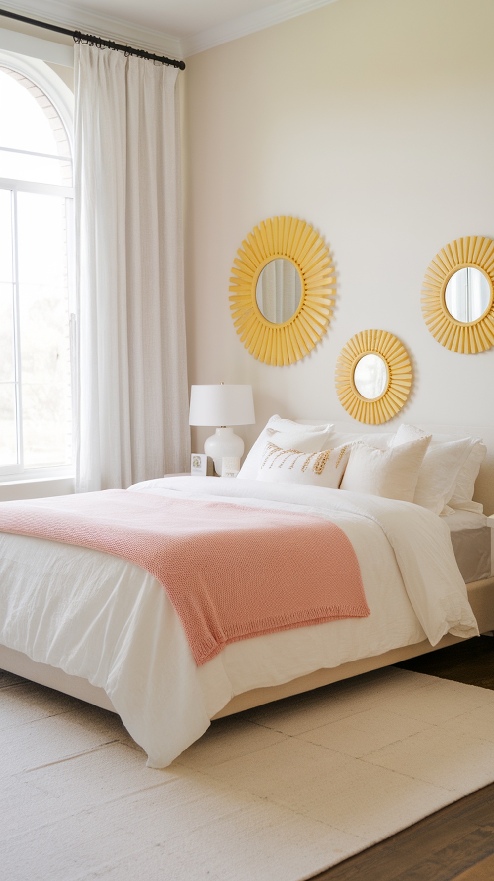 A cozy bedroom featuring three yellow decorative mirrors on the wall, a white bed with a pink throw, and soft curtains.