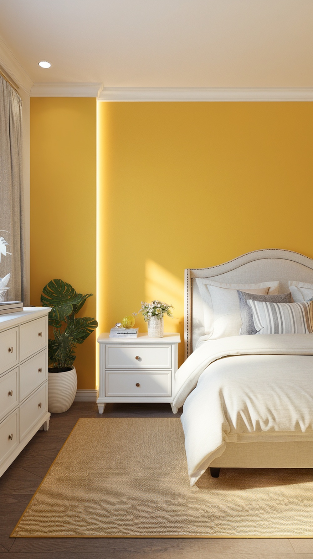 A bright bedroom featuring a sunshine yellow accent wall, white bedding, and a green plant.