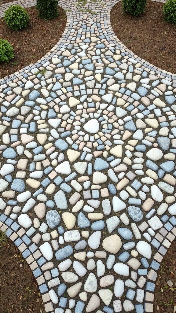 A symmetrical pebble mosaic design featuring various stones in soft colors, creating a beautiful pattern in a garden path.