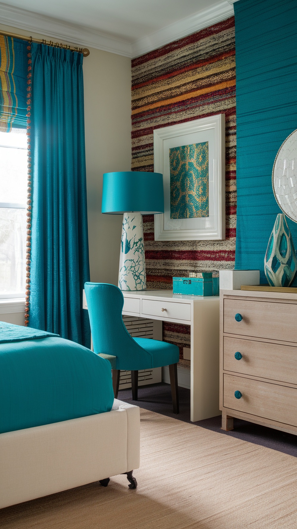 A vibrant teal bedroom with striped walls, a stylish desk, and cozy furnishings.